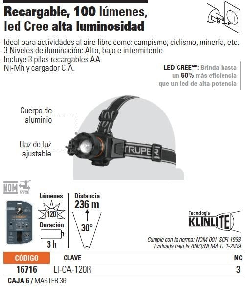 LINTERNA DE CABEZ TRUPER LI-CA-120R