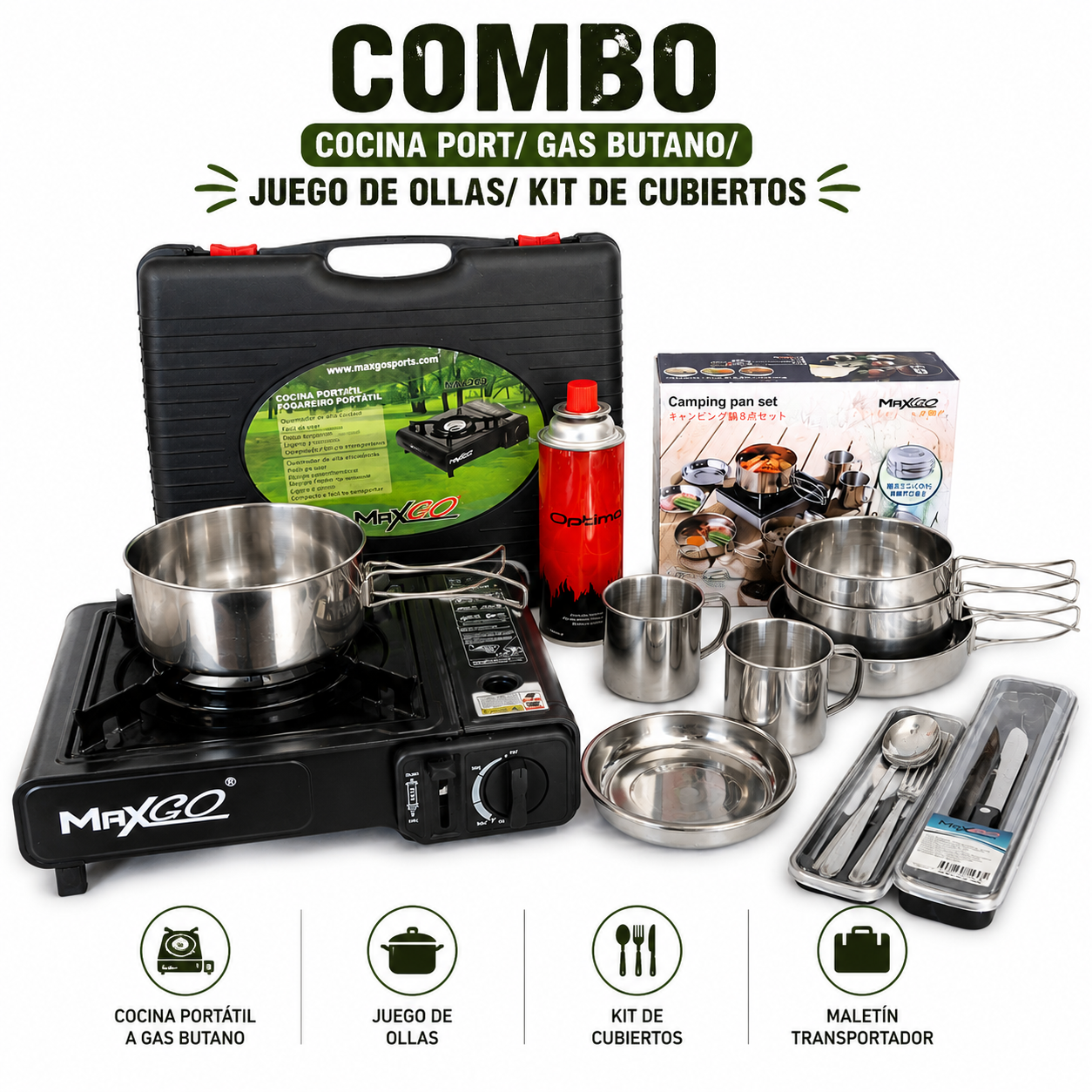 COMBO COCINA PORT/ GAS BUTANO/JUEGO DE OLLAS/KIT DE CUBIERTOS