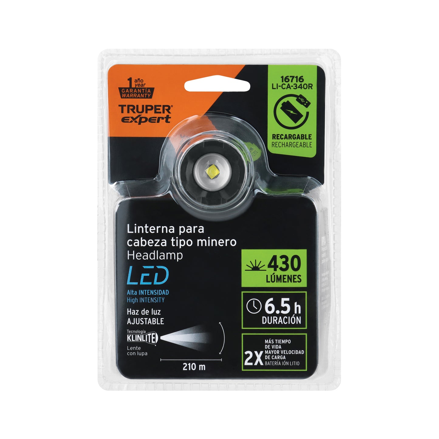 LINTERNA DE CABEZA TRUPER RECARGABLE 430LM